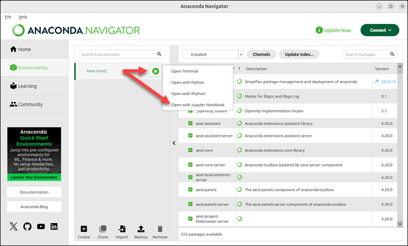 Anaconda base (root) environment Open with Jupyter Notebook