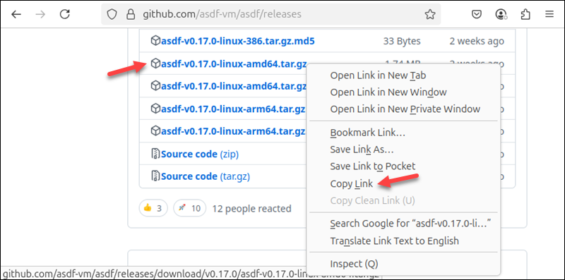 Copying the download link for asdf.