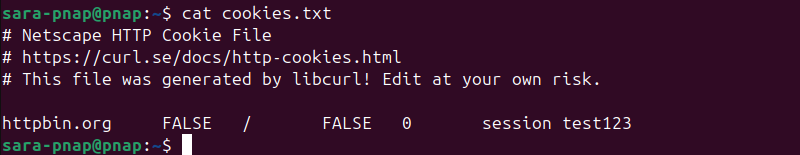 cat cookies.txt terminal output