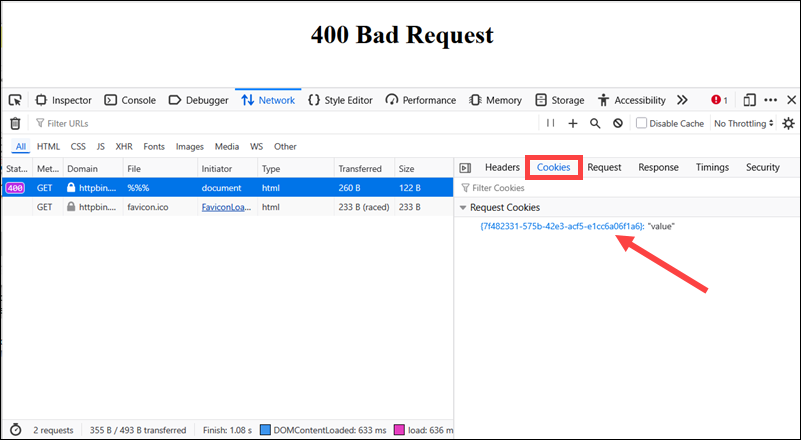 Check cookies for 400 error in DevTools.