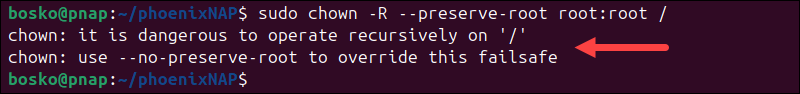 Using the preserve-root option with chown recursive.