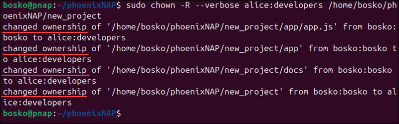 Utilizing the verbose option in chown recursive.