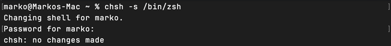 chsh -s /bin/zsh Mac terminal output