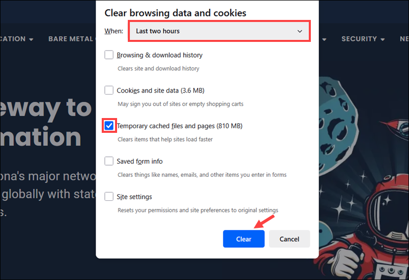 Clearing the cache in Firefox to fix a 404 error.