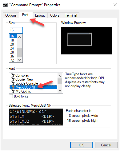 CMD properties font MesloLGS NF