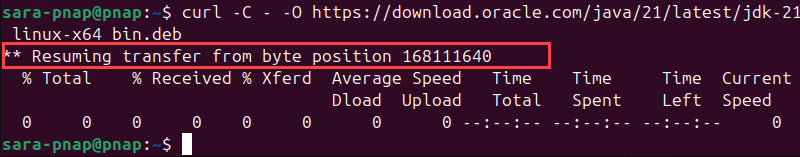 curl -C - -O https://download.oracle.com/java/21/latest/jdk-21_linux-x64_bin.deb terminal output