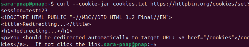 curl --cookie-jar cookies.txt https://httpbin.org/cookies/set?session=test123 terminal output