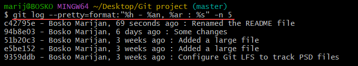 Using custom formatting to display git log history.