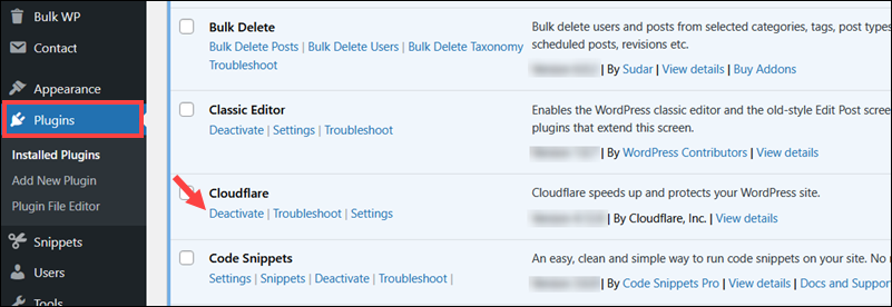 Deactivating plugins in WordPress.