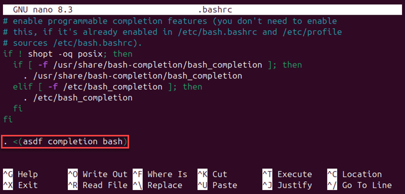 Adding the completion configuration line to .bashrc.