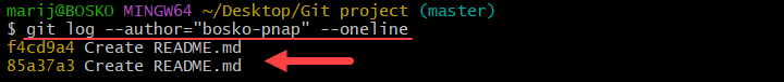 Filtering git commits by author.