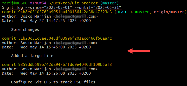 Filtering git commits by date.