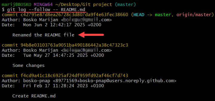 Inspecting the history of a single file in Git.