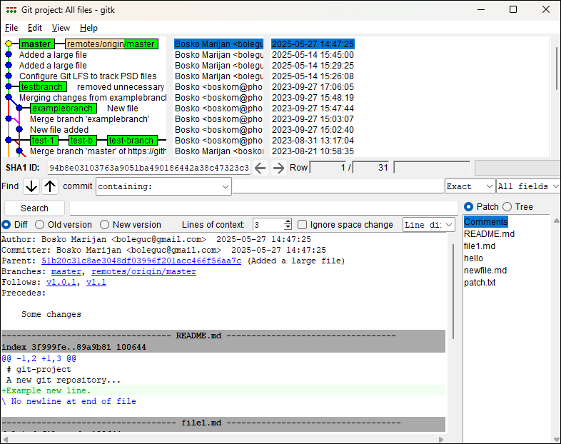 Example of the gitk tool on Windows.