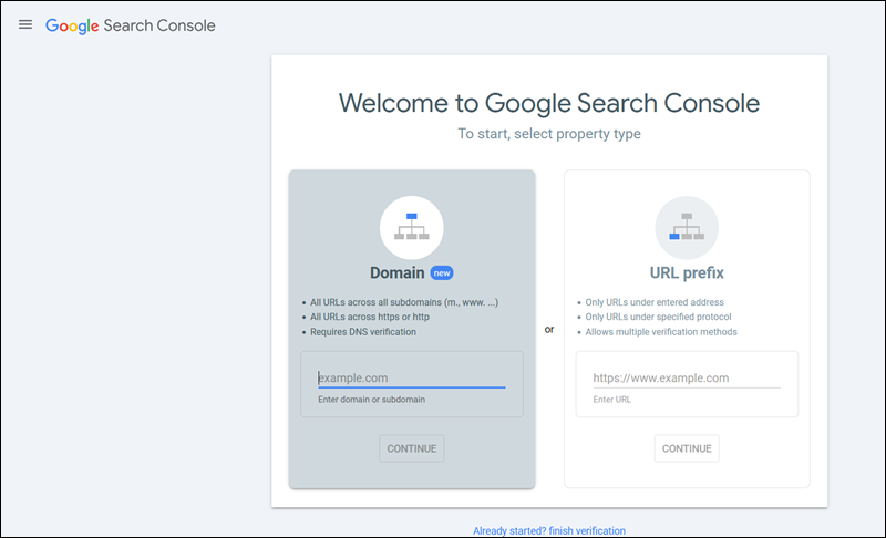 Starting page of the Google Search Console.