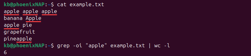 grep -oi wc -l terminal output