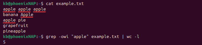 grep -owi wc -l termnal output