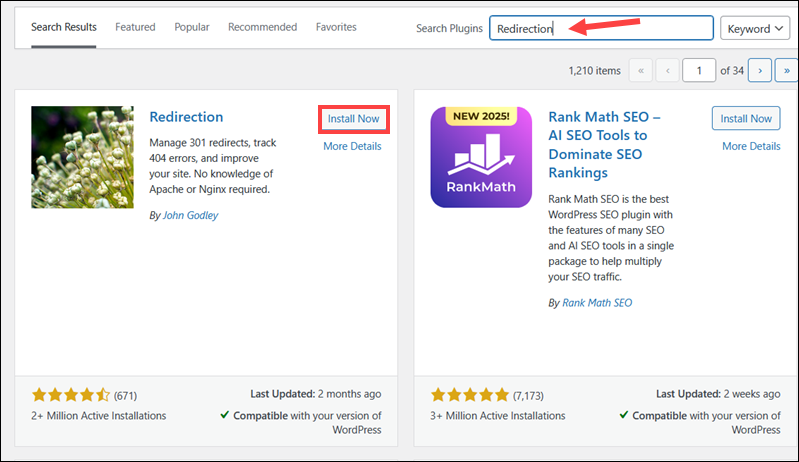 Searching for and installing the Redirection plugin in WordPress.