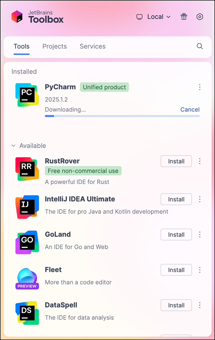 JetBrains PyCharm installation in progress