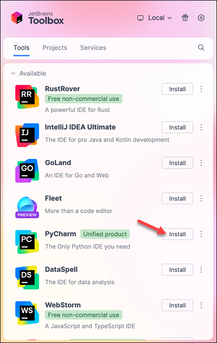 JetBrains Toolbox PyCharm install