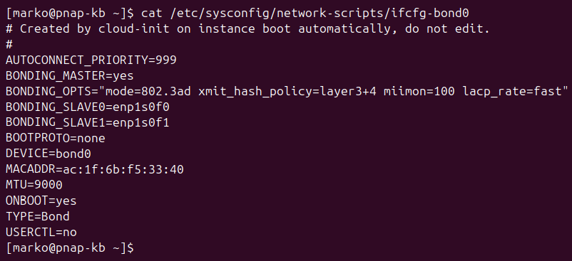 Showing the contents of the ifcfg-bond0 file.