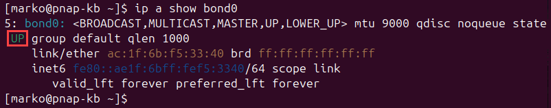 The bond0 interface showing as up.