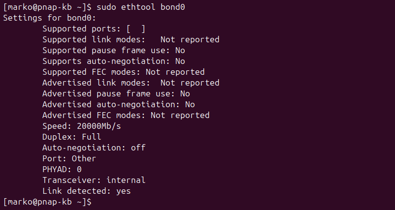 The ethtool command showing information about the bond0 interface.