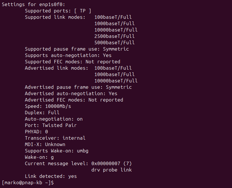 The ethtool command showing information about the enp1s0f0 interface.