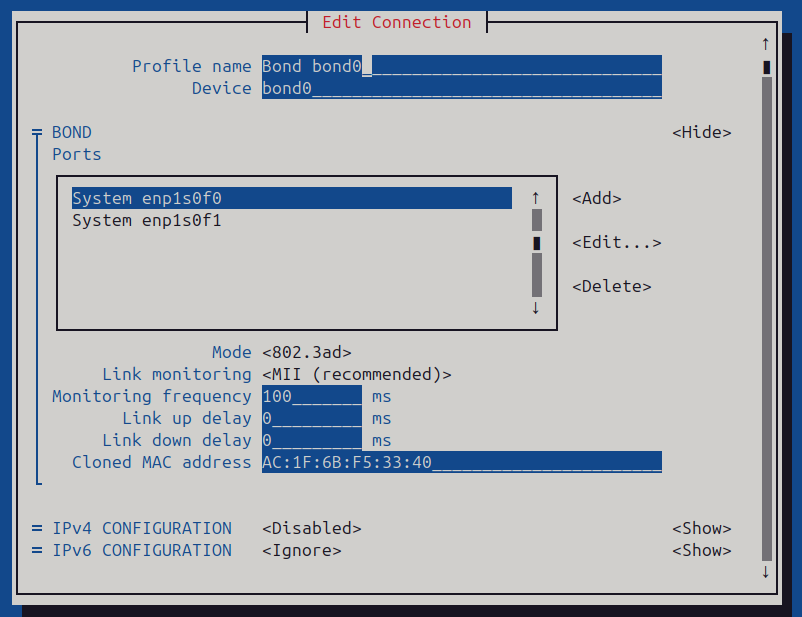 The bond0 interface information in nmtui.