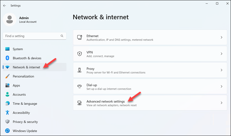 Network and internet window in Windows Server.