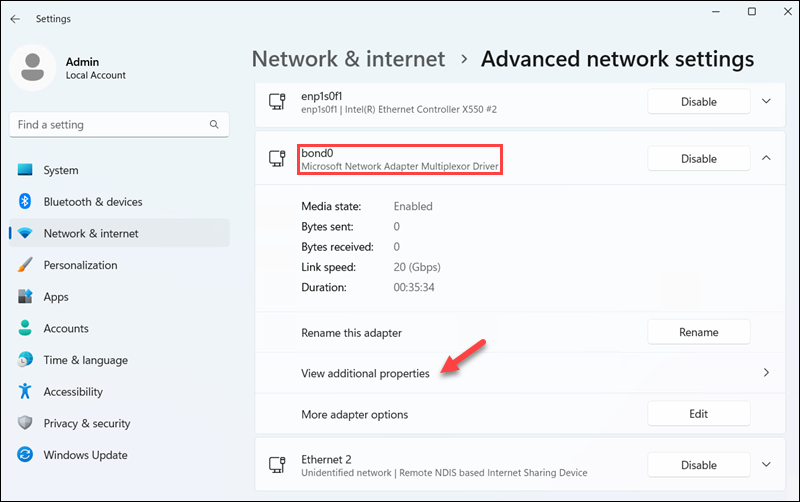 Advanced network settings in Windows Server.