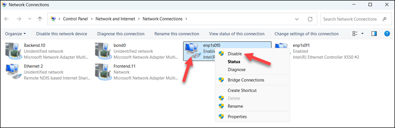 Disabling an interface in Windows.