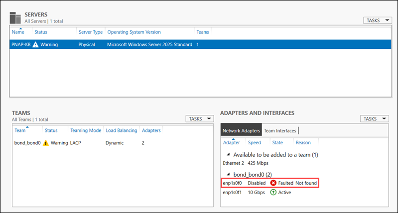 An interface showing as disabled in Server Manager.