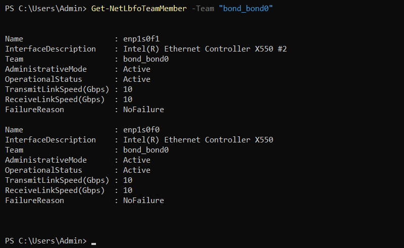 Viewing the bond0 interface information in Windows.