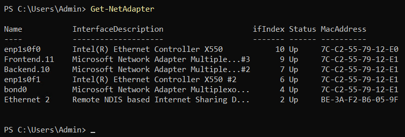 A list of network adapters.