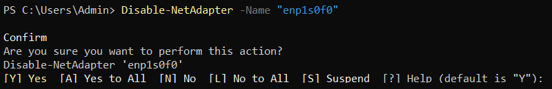 Disabling a network adapter in PowerShell.