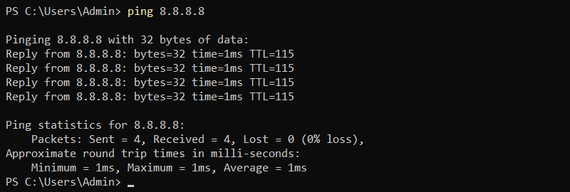 Pinging Google DNS in Windows PowerShell.
