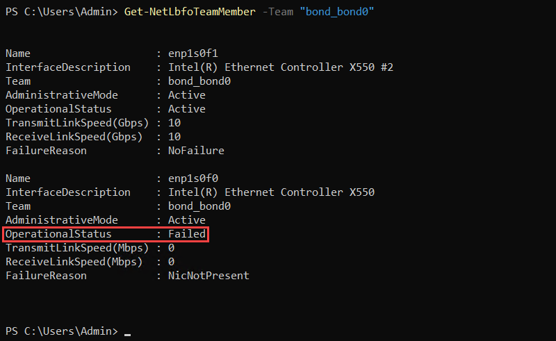A disabled adapter showing operational status as Failed.
