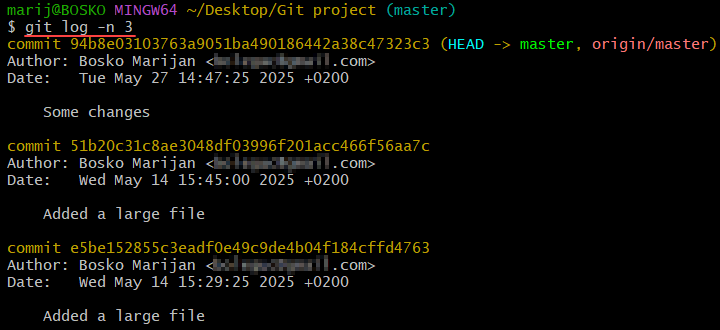 Limiting the number of commits in git log output.