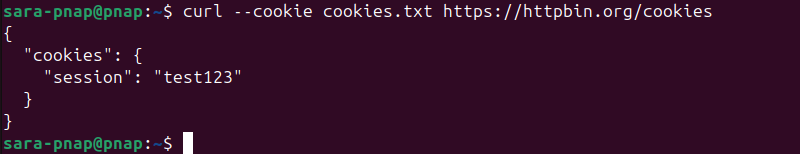 load the saved cookies and make another request using the same session terminal output