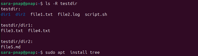 ls -R testdir terminal output