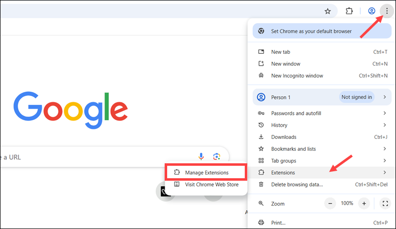 Managing extensions in Chrome.