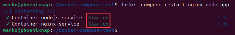 Restarting nginx and node-app services with docker compose restart.