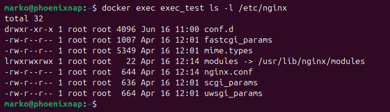 Listing contents of a container directory using docker exec.