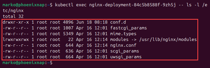Listing files from a container using kubectl exec.