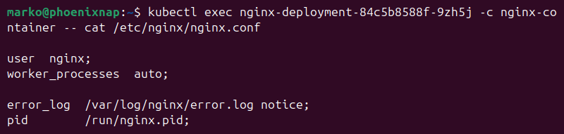 Targeting a Nginx container in a pod and viewing a file within the container. 