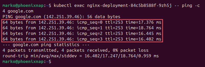 Pinging a Google server from within a Nginx container.