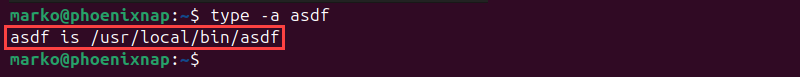 The type command showing the location of the asdf binary.