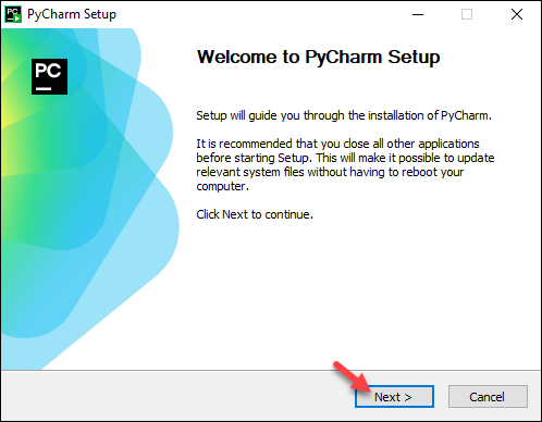 PyCharm installer setup welcome