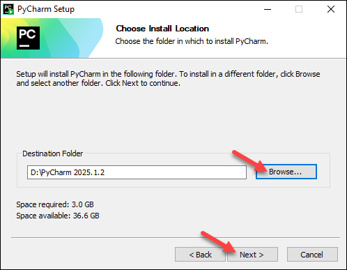 PyCharm setup choose install location